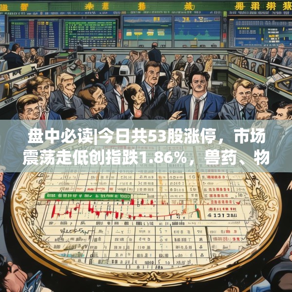 盘中必读|今日共53股涨停，市场震荡走低创指跌1.86%，兽药、物流板块逆势大涨